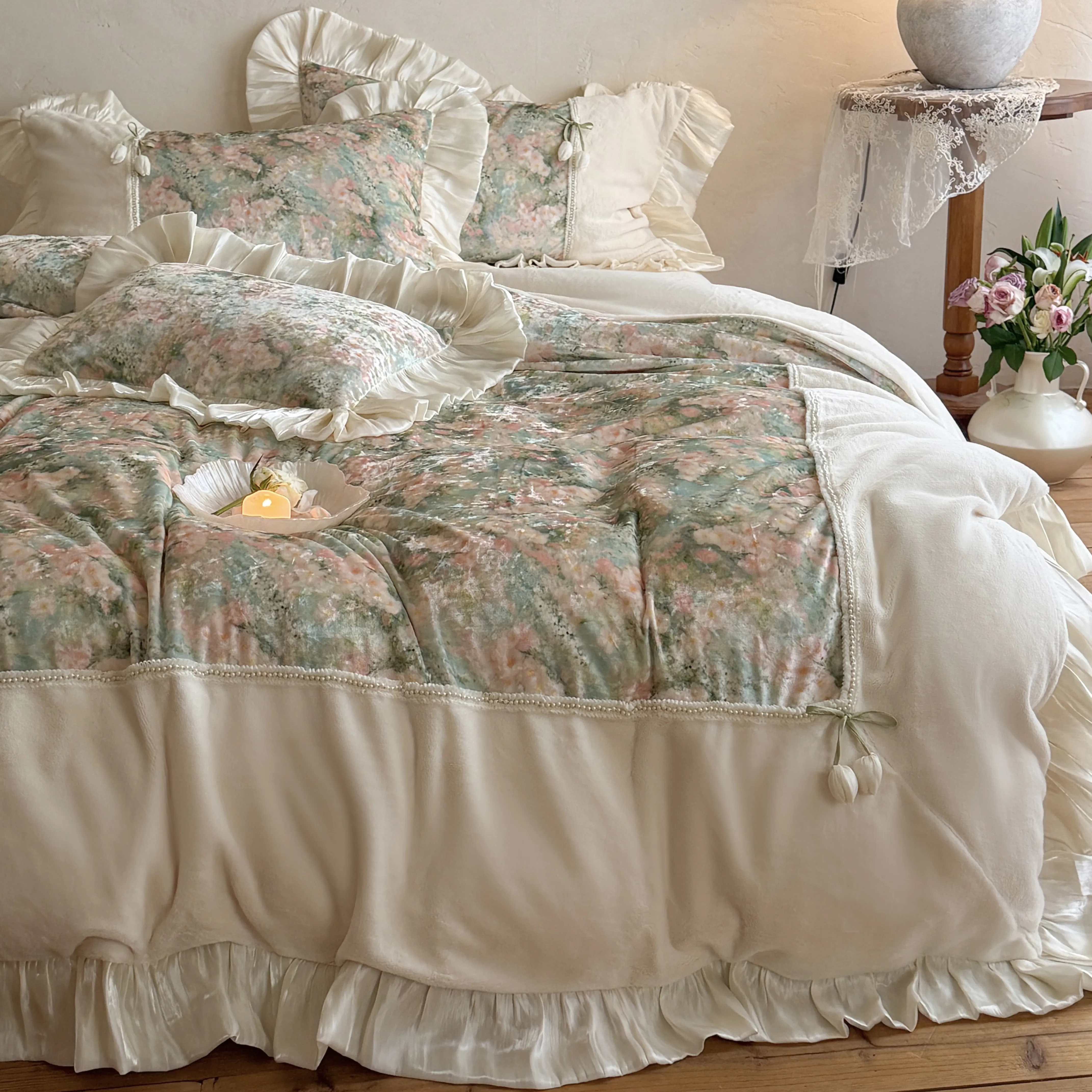 Vintage Watercolor Garden Floral Printed Velvet Ruffle Duvet Cover 4 Piece Set04