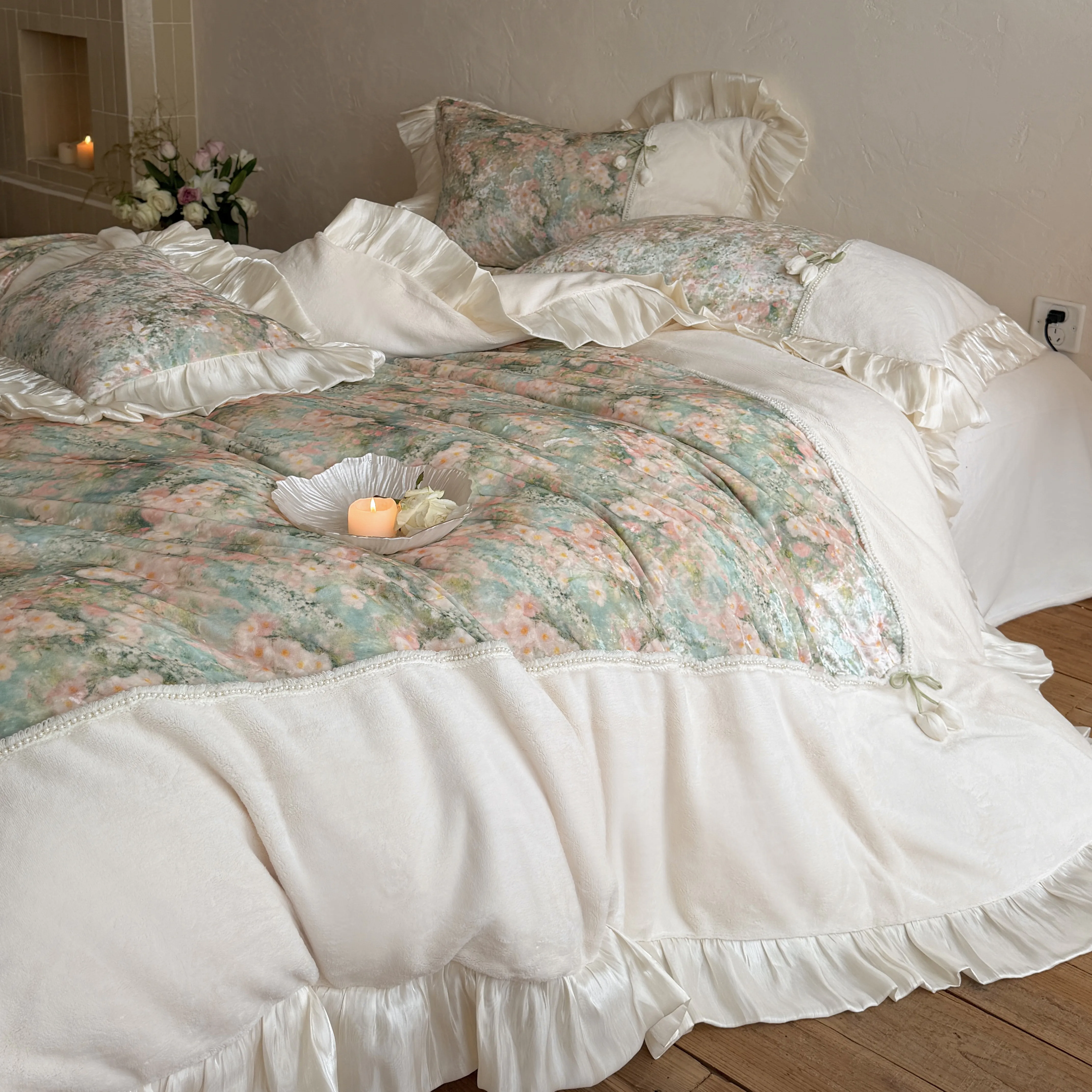 Vintage Watercolor Garden Floral Printed Velvet Ruffle Duvet Cover 4 Piece Set06