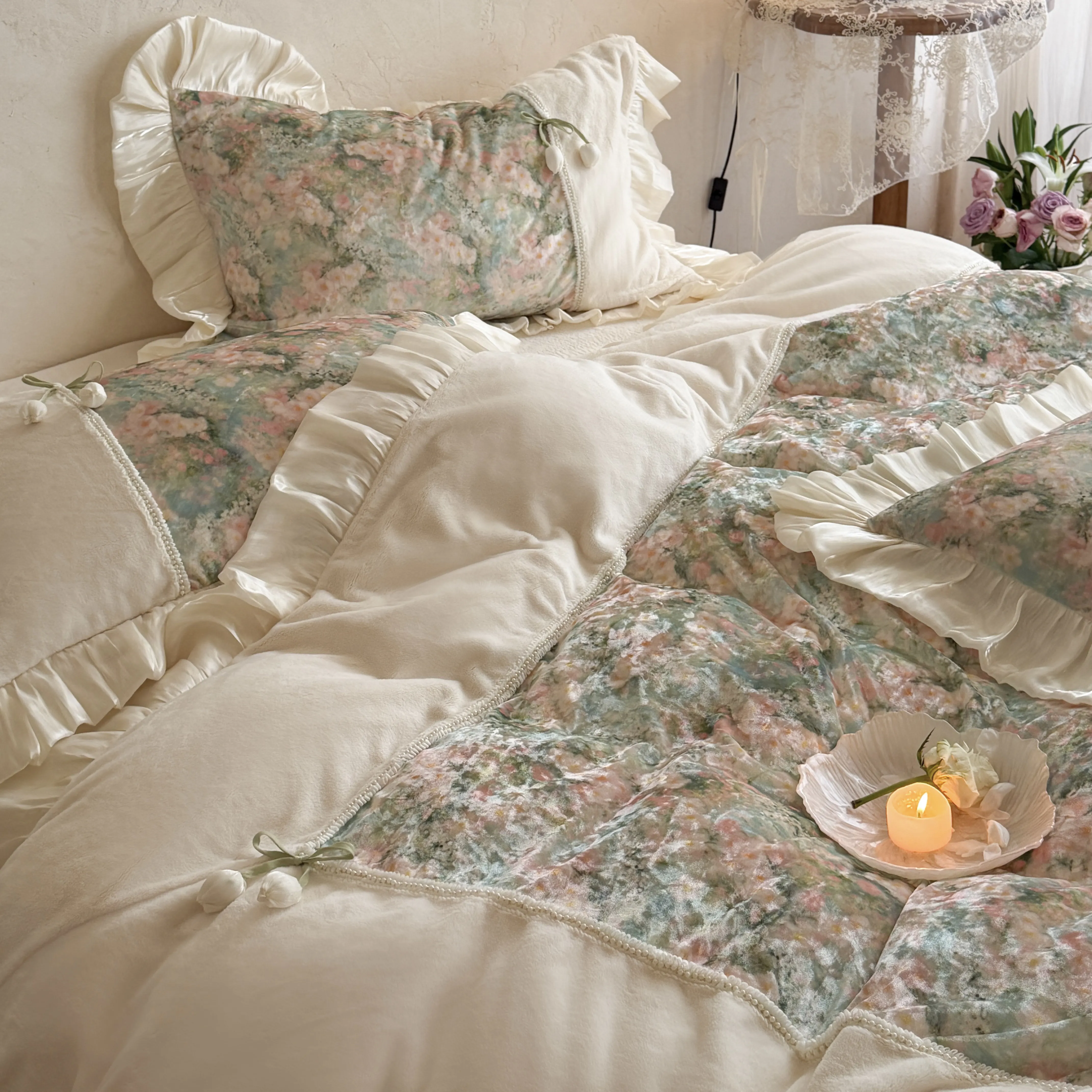 Vintage Watercolor Garden Floral Printed Velvet Ruffle Duvet Cover 4 Piece Set07