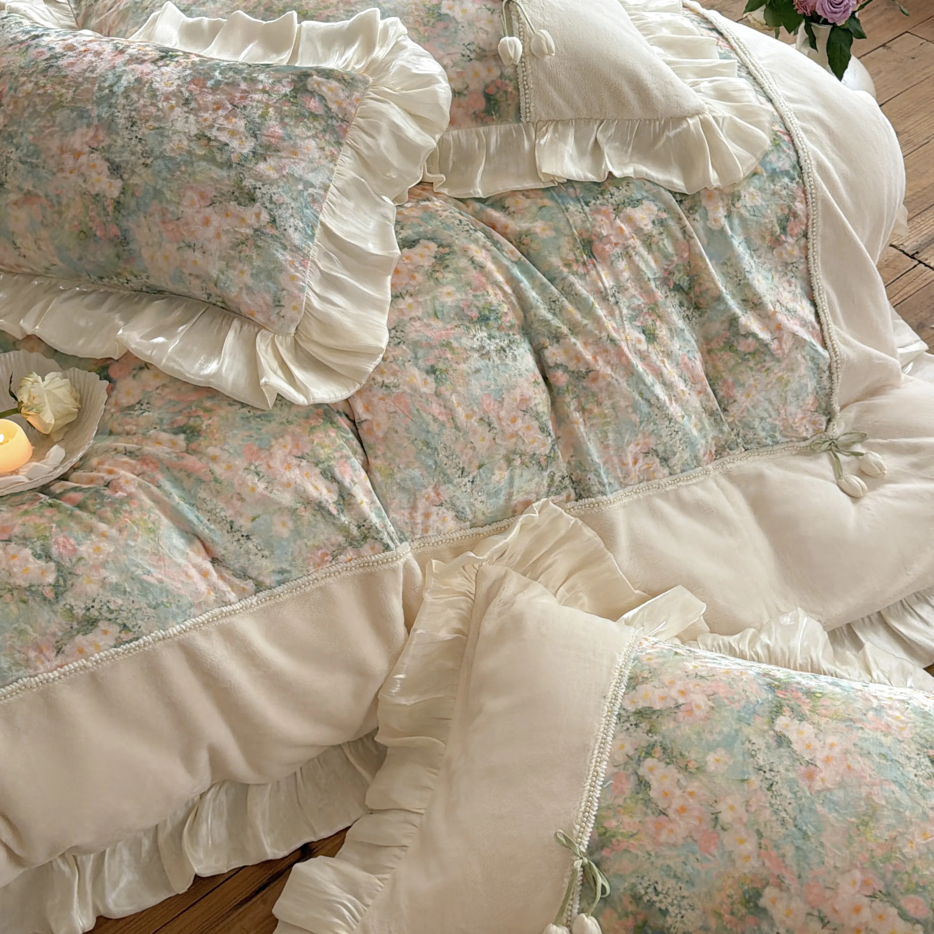 Vintage Watercolor Garden Floral Printed Velvet Ruffle Duvet Cover 4 Piece Set09