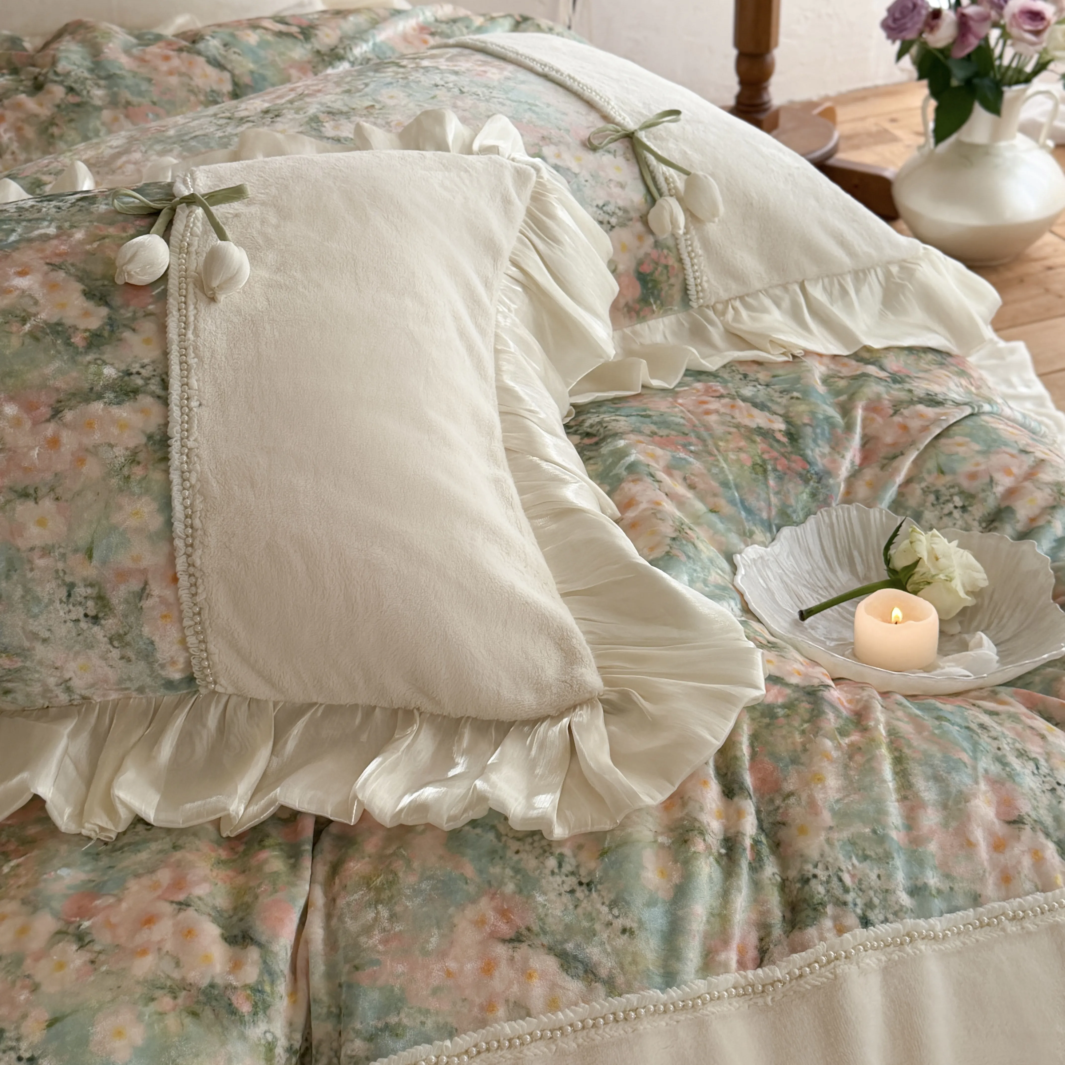 Vintage Watercolor Garden Floral Printed Velvet Ruffle Duvet Cover 4 Piece Set10