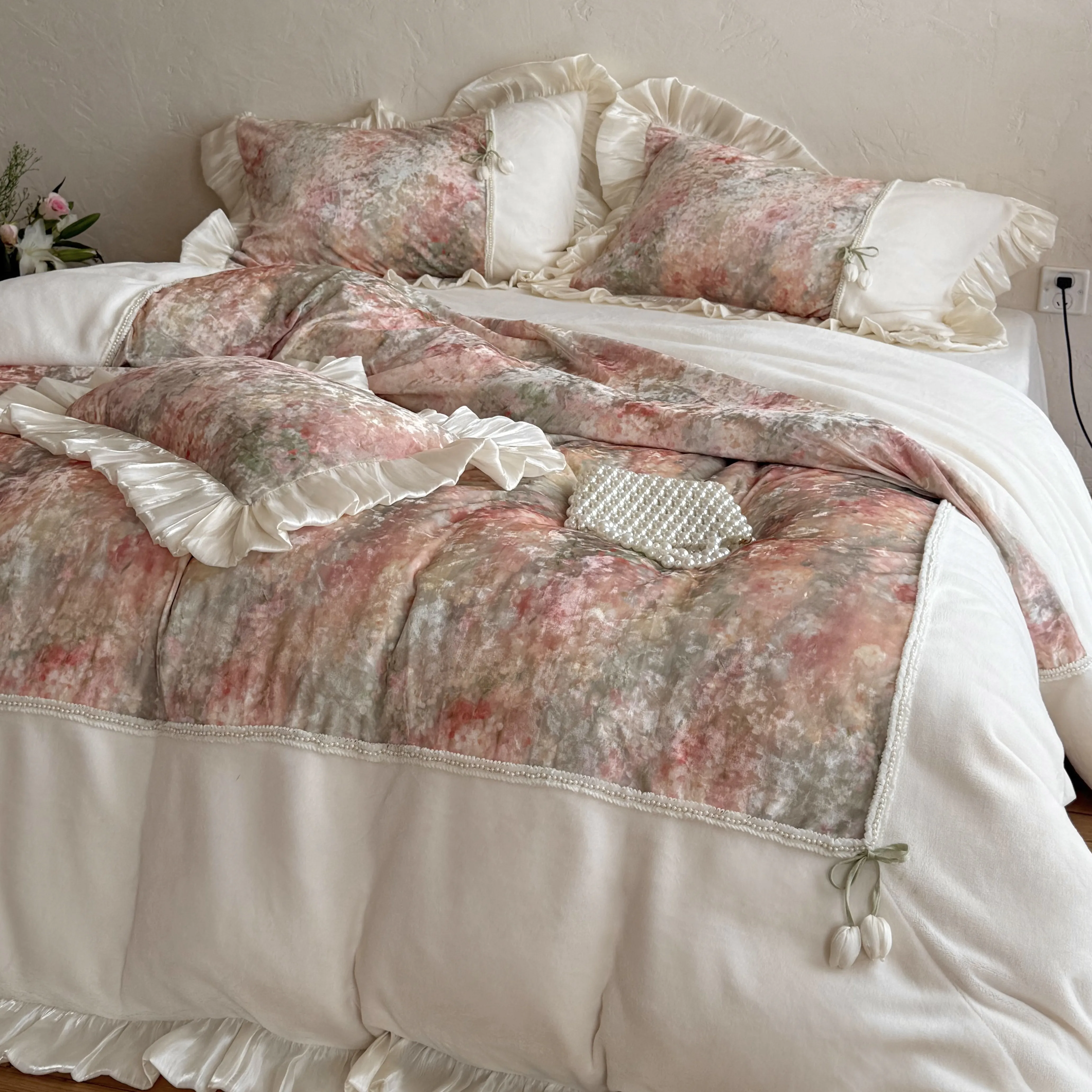 Vintage Watercolor Garden Floral Printed Velvet Ruffle Duvet Cover 4 Piece Set14